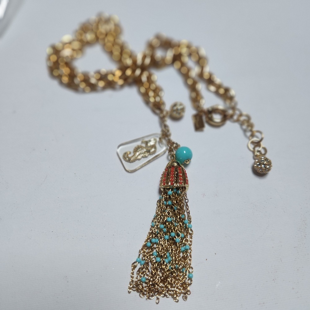 Lilly Pulitzer Gold Seahorse Tassel Statement Necklace Turquoise Coral Nautical - Picture 16 of 16
